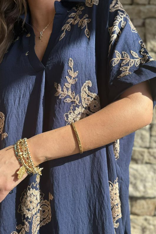 Yara Paisley Embroidered Shirt Dress Navy